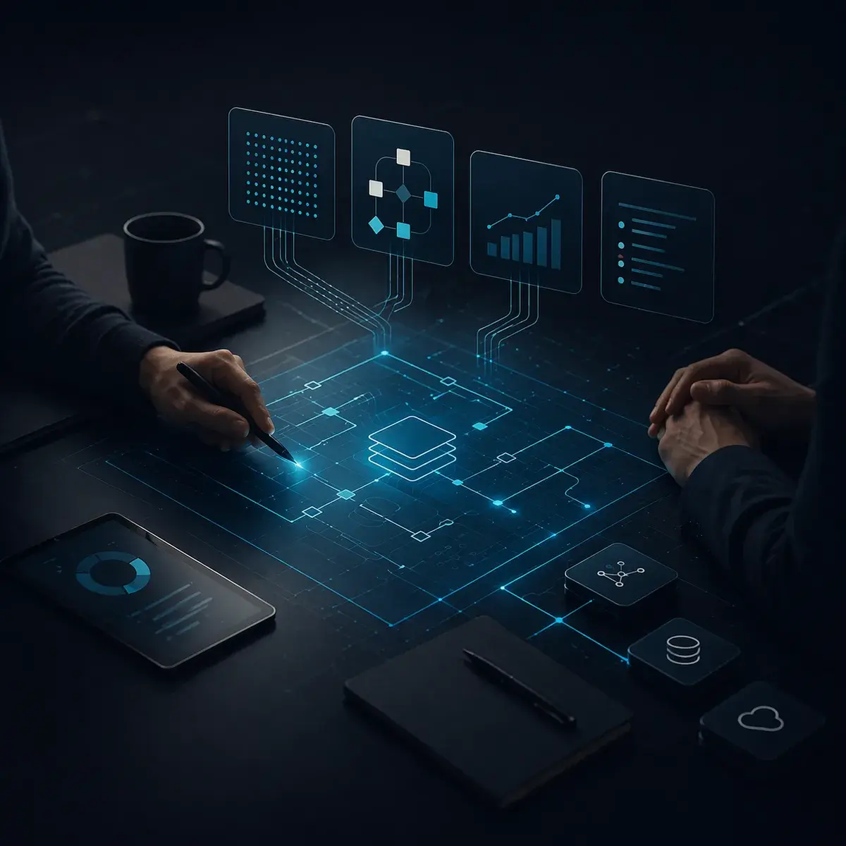 Två personer samarbetar över ett skrivbord med holografiska dataflöden mellan sig