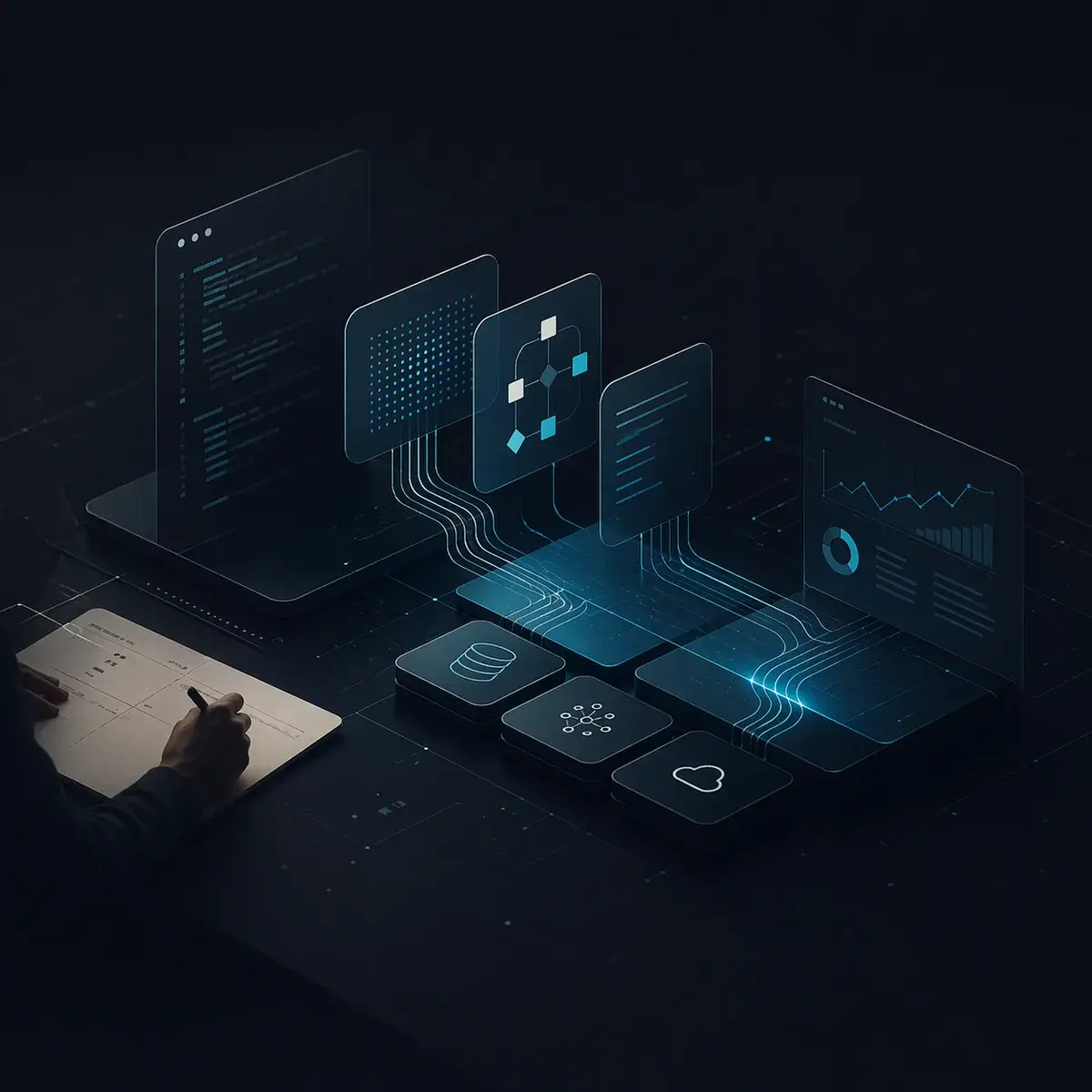 Isometrisk visualisering av staplade AI-infrastrukturlager som byggs under webbplatsen