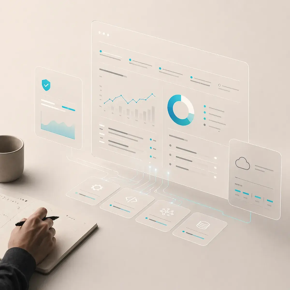 Analytics-dashboard svävande ovanför en anteckningsbok — rapportering och transparens